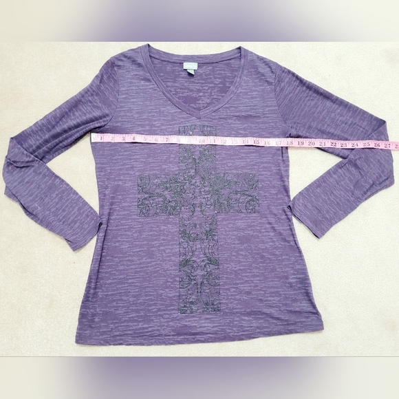 VANITY Women's Purple Burnout Long Sleeve Shirt Black Sparkle Cross Size L - Picture 5 of 9